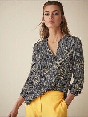 Reiss Blouse Women Size 2 Black Yellow Patterned Long Sleeve Top NWT